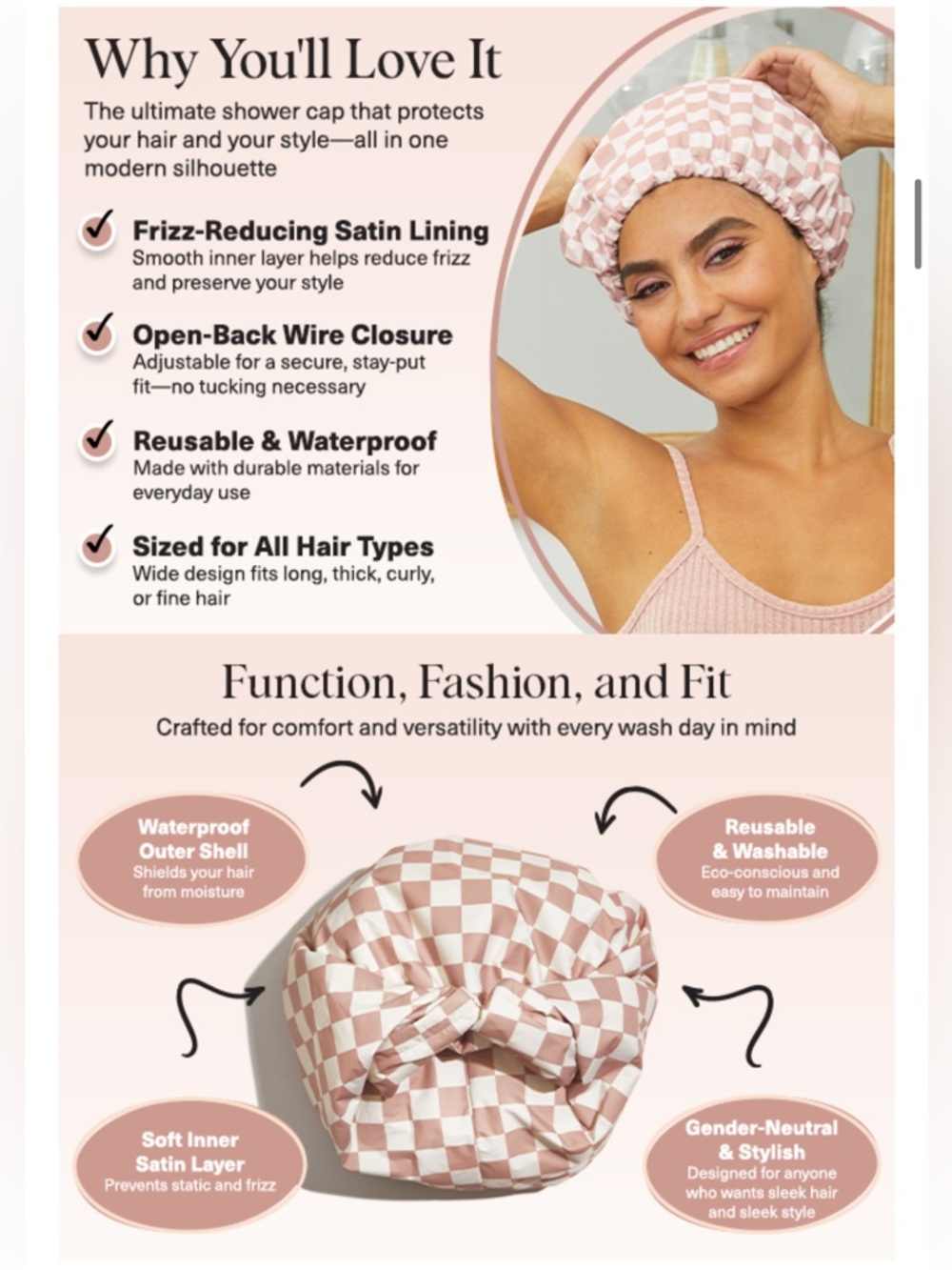 Kitsch Satin-Lined Flexi Shower Cap in Pink and White Check - Picture 2 of 4